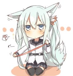Rule 34 | 10s, 1girl, ?, alternate hairstyle, animal ears, bad id, bad twitter id, blush, chibi, commentary request, dog ears, dog tail, grey eyes, hammer and sickle, hibiki (kancolle), kantai collection, kemonomimi mode, long hair, looking at viewer, nonono (mino), ribbon, school uniform, seiza, silver hair, sitting, skirt, solo, spoken question mark, tail, thighhighs, twintails, verniy (kancolle)