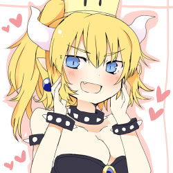 Rule 34 | 1girl, black dress, blonde hair, blue eyes, blush, bowsette, bracelet, breasts, cleavage, collar, commentary request, crown, dress, fang, female focus, hair between eyes, hands on own face, heart, horns, jewelry, large breasts, mario (series), matsushita yuu, new super mario bros. u deluxe, nintendo, open mouth, smug, solo, spiked bracelet, spiked collar, spikes, super crown, v-shaped eyebrows