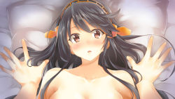 Rule 34 | 10s, 1girl, black hair, blush, breasts, brown eyes, gintarou (kurousagi108), hairband, haruna (kancolle), kantai collection, long hair, looking at viewer, on bed, open mouth, personification, pillow, pov, sex, solo focus