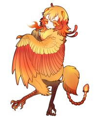 Rule 34 | 1girl, bachikin (kingyo155), bird legs, bird tail, breath weapon, breathing fire, claws, commentary request, fire, full body, hair between eyes, harpy, highres, horns, looking at viewer, monster girl, neck fur, orange eyes, orange feathers, orange hair, orange wings, original, simple background, solo, tail, talons, white background