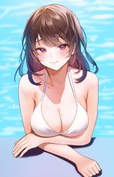 Rule 34 | 1girl, absurdres, arm under breasts, bad id, bad twitter id, bare shoulders, breasts, brown hair, cleavage, dripping, elbow rest, highres, in water, large breasts, looking at viewer, mole, mole on breast, mole under eye, original, partially submerged, pool, purple eyes, reel (riru), smile, upper body, wet