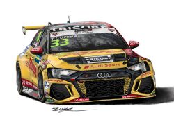 Rule 34 | audi, audi rs3, car, commentary, dhl, english commentary, enkei, goodyear, logo, motor vehicle, no humans, race vehicle, racecar, radio antenna, real life, richard benjamin, shadow, signature, simple background, spoiler (automobile), sponsor, tom coronel, vehicle focus, white background, world touring car cup