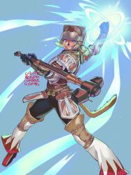 Rule 34 | 1girl, adventurer (ff11), armor, black gloves, black pants, blonde hair, blue eyes, bright pupils, cat girl, cat tail, clenched hand, clenched teeth, faulds, final fantasy, final fantasy xi, gloves, helmet, highres, legs apart, blue background, mithra (ff11), pants, short hair, simple background, solo, standing, tail, teeth, white pupils, yuccoshi