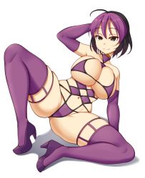 Rule 34 | 1girl, ahoge, ajidot, arm support, black eyes, black hair, breasts, choker, cleavage, closed mouth, elbow gloves, full body, gloves, hand in own hair, high heels, highres, large breasts, looking at viewer, multicolored hair, navel, original, purple footwear, purple gloves, purple hair, purple thighhighs, short hair, simple background, sitting, skindentation, smile, solo, thighhighs, white background
