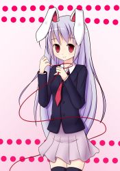 Rule 34 | 1girl, absurdres, animal ears, black thighhighs, highres, long hair, looking at viewer, parafox, pleated skirt, purple hair, rabbit ears, red eyes, reisen udongein inaba, school uniform, skirt, smile, solo, string, string of fate, thighhighs, touhou, zettai ryouiki