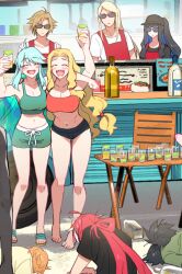 Rule 34 | 3girls, armpits, blonde hair, breasts, chair, daybit sem void, drink, fate/grand order, fate (series), holding, holding drink, kukulkan (fate), large breasts, long hair, multiple girls, navel, open mouth, quetzalcoatl (fate), redrop, smile, sunglasses, tenochtitlan (fate), tezcatlipoca (fate)