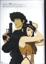 Rule 34 | 1990s (style), 1boy, 1girl, arms up, back-to-back, bare shoulders, black hair, breasts, cowboy bebop, faye valentine, fighting stance, formal, green eyes, gun, handgun, headband, highres, kawamoto toshihiro, lipstick, looking at viewer, makeup, midriff, navel, official art, pistol, purple hair, red eyes, retro artstyle, scan, short hair, simple background, smile, spike spiegel, standing, suit, suspenders, text focus, translation request, weapon, white background