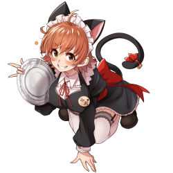 Rule 34 | 1girl, absurdres, ahoge, alternate costume, animal ears, arm support, back bow, bell, black dress, blush, bow, breasts, brown footwear, brown hair, cat ears, cat tail, commentary request, dress, enmaided, fingernails, full body, garter straps, grin, hair between eyes, hand up, highres, holding, holding tray, honda mio, idolmaster, idolmaster cinderella girls, jingle bell, juliet sleeves, kemonomimi mode, kneeling, large breasts, long fingernails, long sleeves, looking at viewer, maid, maid headdress, morino shoutarou, name tag, neck ribbon, puffy sleeves, red bow, red ribbon, ribbon, shoes, short hair, simple background, smile, solo, star (symbol), tail, tail bell, tail bow, tail ornament, thighhighs, tray, whiskers, white background, white thighhighs, yellow eyes