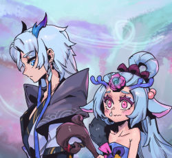 Rule 34 | 1boy, antlers, bare shoulders, blue eyes, blush, clothing request, cold, collarbone, flower, from side, grey hair, hair flower, hair ornament, holding, holding staff, horns, league of legends, lillia (league of legends), long hair, phantom ix row, pink eyes, pink flower, single bare shoulder, spirit blossom lillia, spirit blossom yone, staff, strapless, wavy mouth, yone (league of legends)