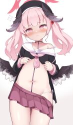 Rule 34 | 1girl, beret, black hat, black wings, blue archive, blush, clothes lift, cocozasa, feathered wings, halo, hat, head wings, highres, koharu (blue archive), lifting own clothes, low wings, miniskirt, navel, neckerchief, pink eyes, pink hair, pink neckerchief, pink skirt, pleated skirt, sailor collar, skirt, sleeves past wrists, solo, twintails, white sailor collar, wings