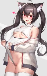 Rule 34 | 1girl, absurdres, ahoge, animal ear fluff, animal ears, bare shoulders, black hair, blush, breasts, cowboy shot, fang, grey jacket, hair between eyes, heart, highres, jacket, leotard, leotard lift, lifting own clothes, long hair, looking at viewer, mathew (srmmk mce), navel, off shoulder, open clothes, open jacket, open mouth, original, pale skin, red eyes, see-through, simple background, skin fang, skindentation, small breasts, smile, solo, standing, stomach, tail, thighhighs, twintails, underboob, wedgie, white leotard, white thighhighs, zipper