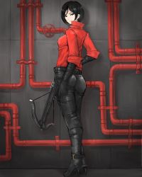 Rule 34 | 1girl, ada wong, ass, blouse, boots, bow (weapon), crossbow, female focus, from behind, full body, high heel boots, high heels, highres, holding, holding crossbow, holding weapon, industrial pipe, looking back, madarame, red shirt, resident evil, resident evil 6, shirt, short hair, solo, standing, weapon