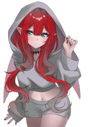 Rule 34 | 1girl, absurdres, baobhan sith (fate), breasts, choker, fate/grand order, fate (series), fingernails, grey eyes, grey shorts, grey sweater, highres, hood, hooded sweater, large breasts, long hair, long sleeves, looking at viewer, midriff, mikon (nicknqme), nail polish, navel, pink hair, pointy ears, red nails, shorts, sidelocks, sweater, thighs