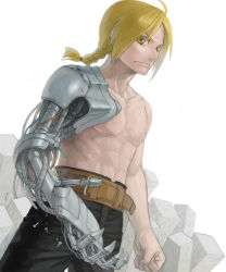Rule 34 | 1boy, ahoge, angry, automail, belt, blonde hair, braid, braided ponytail, edward elric, frown, fullmetal alchemist, long hair, looking at viewer, male focus, mechanical arms, mukuo, prosthesis, single braid, single mechanical arm, solo, topless male, wire, yellow eyes