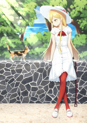 Rule 34 | 1girl, blonde hair, blue sky, cat, closed mouth, cloud, cloudy sky, day, dress, hat, heijialan, leaning on object, light rays, long hair, looking at another, mary janes, monogatari (series), ocean, oshino shinobu, outdoors, pantyhose, pointy ears, red pantyhose, shoes, sky, smile, solo, sun hat, sunbeam, sundress, sunlight, tabby cat, very long hair, white dress, white footwear, white hat, yellow eyes