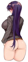 Rule 34 | 1girl, absurdres, ass, blush, bottomless, breasts, closed mouth, cropped legs, doki doki literature club, grey shirt, highres, large breasts, long hair, long sleeves, looking at viewer, looking back, otxoa60, purple hair, school uniform, shirt, simple background, skirt, solo, standing, white background, yuri (doki doki literature club)