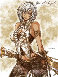 Rule 34 | 1girl, breasts, cleavage, fishnets, granado espada, light smile, looking at viewer, midriff, navel, raze, short hair, solo, standing, tagme, weapon, white hair