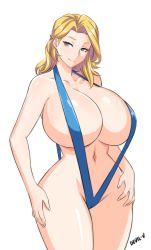 Rule 34 | 1girl, artist name, bikini, blonde hair, blue eyes, blue eyes (manga), breasts, cecilia misono, cleavage, curvy, devil-v, female focus, huge breasts, long hair, looking at viewer, mature female, slingshot swimsuit, solo, swimsuit, thick thighs, thighs, wide hips