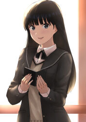Rule 34 | 1girl, :d, amagami, ayatsuji tsukasa, black bow, black bowtie, black cardigan, black eyes, black hair, blunt bangs, blush, bow, bowtie, breasts, brown sweater vest, cardigan, cellphone, commentary, dress shirt, fingernails, highres, holding, holding phone, indoors, kibito high school uniform, light blush, long hair, long sleeves, looking at viewer, medium breasts, mori heichi, open cardigan, open clothes, open mouth, phone, school uniform, shirt, smartphone, smile, solo, sweater vest, upper body, white background, white shirt, window
