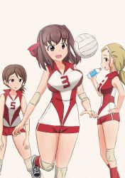 Rule 34 | 3girls, absurdres, bad id, bad twitter id, ball, blonde hair, bottle, bouncing breasts, breasts, brown eyes, brown hair, closed mouth, commentary, elbow pads, frown, girls und panzer, hair pulled back, hairband, hand on own hip, hands on thighs, headband, highres, holding, holding bottle, kawanishi shinobu, knee pads, kondou taeko, leaning forward, leg up, long hair, looking at another, looking at viewer, medium hair, multiple girls, munisuke (zrkt7883), open mouth, playing sports, ponytail, red headband, red shirt, red shorts, red socks, sasaki akebi, shirt, shoes, short ponytail, short shorts, shorts, single vertical stripe, sleeveless, sleeveless shirt, sneakers, socks, sportswear, standing, standing on one leg, sweat, swept bangs, traditional media, volleyball, volleyball (object), volleyball uniform, water bottle, white background, white footwear, white hairband