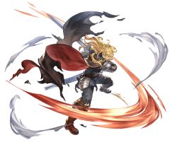 Rule 34 | 10s, 1boy, belt, boots, cape, full body, granblue fantasy, long hair, lucius (granblue fantasy), male focus, minaba hideo, official art, solo, sword, torn clothes, transparent background, weapon, yellow eyes