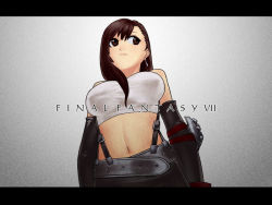 Rule 34 | 1990s (style), 1girl, breasts, brown eyes, brown hair, copyright name, earrings, final fantasy, final fantasy vii, gloves, jewelry, large breasts, lips, long hair, midriff, shirt, solo, suspenders, taut clothes, taut shirt, tifa lockhart