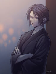 Rule 34 | 1boy, alternate costume, black kimono, blue eyes, brown hair, commentary, crossed arms, dated, earrings, festival, final fantasy, final fantasy viii, hiryuu (kana h), japanese clothes, jewelry, kimono, lantern, leaning, leaning back, light smile, looking at viewer, male focus, night, outdoors, scar, scar on face, short hair, signature, smile, solo, squall leonhart, stud earrings, summer festival, upper body, yukata