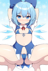 Rule 34 | 1girl, barefoot, blue bow, blue eyes, blue hair, bow, breasts, cirno, cleft of venus, closed mouth, collared shirt, detached wings, fairy, hair between eyes, hair bow, highres, ice, ice wings, looking at viewer, navel, revealing clothes, rizento, shirt, short hair, short sleeves, small breasts, solo, touhou, white shirt, wings