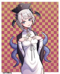 Rule 34 | 1girl, alternate breast size, artist name, black cape, black hat, blue eyes, bright pupils, cape, checkered background, cleavage cutout, clothing cutout, covered collarbone, dress, grey hair, hat, head wings, highres, horizontal pupils, indie virtual youtuber, long hair, markislazy, mole, mole under eye, open mouth, pochimaru (vtuber), pochimaru (vtuber) (4th costume), side slit, solo, tentacle hair, virtual youtuber, white dress, white pupils, wings