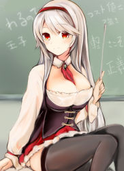 Rule 34 | 1girl, anna (sennen sensou aigis), black thighhighs, breasts, chalkboard, cleavage, hairband, indoors, large breasts, long hair, looking at viewer, nannacy7, pointer, red eyes, sennen sensou aigis, sitting, smile, solo, thighhighs, white hair