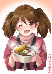 Rule 34 | 1girl, bowl, brown eyes, brown hair, ebifurya, food, gradient background, happi, highres, holding, holding bowl, japanese clothes, kantai collection, long hair, looking at viewer, noodles, one eye closed, open mouth, orange background, pink sweater, ramen, ryuujou (kancolle), shrimp, shrimp tempura, soba, solo, sweater, tempura, twintails, twitter username, upper body, white background