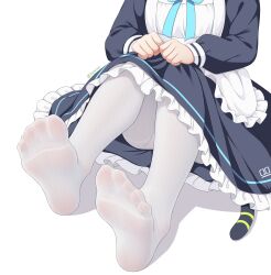 Rule 34 | 1girl, absurdres, apron, black dress, blue archive, cat tail, dress, feet, foot focus, foreshortening, frilled apron, frilled dress, frills, gugu0v0, highres, long sleeves, maid, maid apron, midori (blue archive), midori (maid) (blue archive), official alternate costume, pantyhose, simple background, soles, solo, tail, toes, twitter username, white apron, white background, white pantyhose