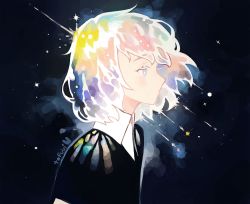Rule 34 | 1other, androgynous, artist name, blue eyes, closed mouth, diamond (houseki no kuni), from side, gem uniform (houseki no kuni), houseki no kuni, multicolored hair, solo, star (symbol), tofuvi