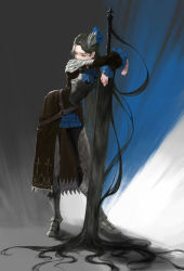 Rule 34 | 1girl, absurdly long hair, absurdres, armor, armored dress, black hair, blue eyes, covering own mouth, frilled sleeves, frills, full body, highres, intemind, leaning forward, long hair, long sleeves, original, solo, standing, sword, very long hair, weapon