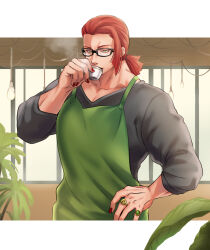 Rule 34 | 1girl, alternate hairstyle, barista, bespectacled, black-framed eyewear, casual, coffee, collarbone, drinking, espresso (drink), fingernails, glasses, green eyes, hand on own hip, highres, jewelry, low ponytail, marisa (street fighter), medium hair, multiple rings, muscular, muscular female, nail polish, nose, red hair, red nails, ring, shirokuro ookami, short ponytail, solo, street fighter, street fighter 6