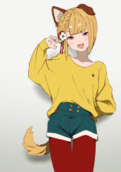 Rule 34 | 1girl, :3, alternate costume, animal ears, arm behind back, blonde hair, blush, braid, claw pose, collarbone, cowboy shot, dog ears, dog girl, dog tail, flower, granblue fantasy, green shorts, hair flower, hair ornament, hand up, long sleeves, looking at viewer, mifuta, open mouth, orange eyes, pantyhose, red pantyhose, shirt, short hair, shorts, single braid, smile, solo, tail, vajra (granblue fantasy), yellow shirt