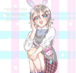 Rule 34 | 1girl, animal ears, artist name, balloon, bare legs, blue eyes, blue footwear, blush, bow, bowtie, breasts, brown hair, checkered clothes, checkered skirt, collared shirt, cowboy shot, egg hair ornament, fake animal ears, female focus, food-themed hair ornament, grey hair, grey vest, hair bow, hair ornament, hairband, hugging own legs, light brown hair, long sleeves, looking at viewer, love live!, love live! school idol festival, love live! sunshine!!, medium breasts, mikage pana, miniskirt, one eye closed, open mouth, parted lips, pink bow, plaid, plaid skirt, polka dot, polka dot bow, rabbit ears, red skirt, salute, shirt, shoes, short hair, skirt, smile, solo, squatting, striped bow, striped bowtie, striped clothes, sweater vest, swept bangs, undershirt, untucked shirt, v, vest, watanabe you, white shirt