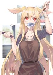 Rule 34 | 1girl, absurdres, apron, bandaid, blonde hair, blush, bright pupils, brown apron, cooking, fate/grand order, fate (series), hair between eyes, head wings, highres, holding, holding knife, holding ladle, injury, jewelry, kitchen knife, knife, ladle, long hair, mitsurugi sugar, necklace, red eyes, scar, sleeves rolled up, sweatdrop, tasting, thrud (fate), twitter username, valkyrie (fate), very long hair, white pupils, wings