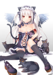 Rule 34 | 1girl, absurdres, animal ears, bare shoulders, black socks, blush, breasts, cameltoe, cat, cat ears, cat tail, choker, cross, duji amo, fang, female focus, gothic lolita, hairband, highres, kneehighs, lolita fashion, lolita hairband, long hair, looking at viewer, mary janes, nipples, original, panties, red eyes, ribbon, shoes, single kneehigh, single shoe, single sock, single thighhigh, sitting, small breasts, smile, socks, solo, tail, thighhighs, underwear, usagihime, white hair, wings