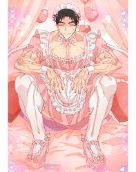Rule 34 | 1boy, alternate costume, apron, bara, bed, bed sheet, black hair, blue eyes, bow, crossdressing, curtains, domo (domo kizusuki), dress, enmaided, eyelashes, frilled apron, frilled dress, frills, full body, heart, heart-shaped pillow, highres, large pectorals, maid, maid apron, maid headdress, male focus, male maid, muscular, muscular male, on bed, original, pectorals, pill, pillow, pink background, pink curtains, pink footwear, puffy short sleeves, puffy sleeves, ribbon, shido (domo), short hair, short sleeves, sideburns, solo, sparkle, squatting, sweatdrop, thick eyebrows, thighhighs, veins, waist apron, white apron, white thighhighs, wrist cuffs
