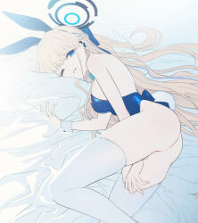 Rule 34 | 1girl, animal ears, ass, bed sheet, blonde hair, blue archive, blue eyes, blue hair, blue halo, blue leotard, braid, breasts, commentary, detached collar, fake animal ears, fake tail, halo, highres, ka02 (wqekf), leotard, long hair, looking at viewer, medium breasts, multicolored hair, official alternate costume, playboy bunny, rabbit ears, rabbit tail, solo, strapless, strapless leotard, streaked hair, symbol-only commentary, tail, thighhighs, toki (blue archive), toki (bunny) (blue archive), white thighhighs, wrist cuffs
