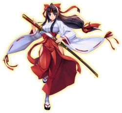 Rule 34 | 10s, 1girl, black hair, bow, breasts, character design, character print, character sheet, clog sandals, closed mouth, concept art, full body, hair bow, hair ribbon, hakama, hakama skirt, headband, hip vent, holding, holding sword, holding weapon, japanese clothes, katana, large breasts, long hair, long sleeves, looking at viewer, low-tied long hair, miko, official art, ponytail, purple eyes, queen&#039;s blade, queen&#039;s blade unlimited, red hakama, ribbon, ribbon-trimmed sleeves, ribbon trim, sandals, sheath, sidelocks, skirt, smile, solo, standing, sword, tabi, tomoe (queen&#039;s blade), tomoe (queen&#039;s blade unlimited), transparent background, unsheathing, weapon, wide sleeves, zouri