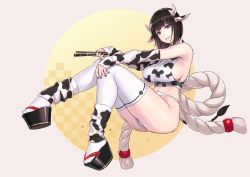 Rule 34 | 1girl, animal ears, animal print, arm warmers, ass, bare shoulders, black eyes, black hair, braid, breasts, chinese zodiac, commentary request, cow ears, cow girl, cow horns, cow print, cow print sleeves, cow tail, detached sleeves, folding fan, hand fan, highres, horns, large breasts, looking at viewer, mole, mole under mouth, original, parted lips, sideboob, sitting, skindentation, smile, solo, tail, thighhighs, year of the ox, yuuji (and)