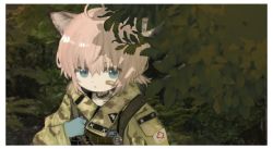 Rule 34 | 1girl, ahoge, animal ear fluff, animal ears, arknights, bandaid, bandaid on cheek, bandaid on face, blue eyes, blue gloves, camouflage, camouflage jacket, closed mouth, commentary request, day, eyebrows hidden by hair, gloves, green jacket, hair between eyes, hand up, infection monitor (arknights), jacket, long sleeves, looking at viewer, nagi (nag 070), outdoors, pink hair, plant, solo, sussurro (arknights)