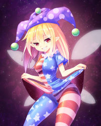 Rule 34 | 1girl, american flag, american flag dress, american flag legwear, bad id, bad pixiv id, blonde hair, blush, breasts, clothes lift, clownpiece, collar, contrapposto, curtsey, dress, dress lift, fairy wings, frilled collar, frilled shirt collar, frills, grin, hat, jester cap, leggings, long hair, looking at viewer, neck ruff, open mouth, pantyhose, pointy ears, polka dot, red eyes, short sleeves, smile, solo, standing, star (symbol), striped clothes, striped dress, striped pantyhose, touhou, wings, z.o.b