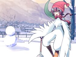 Rule 34 | 1girl, beanie, bird legs, blush, breasts, bright pupils, cashew (user czfn8423), cockatrice (cashew), feathered wings, feathers, harpy, hat, highres, looking at viewer, monster girl, multicolored hair, open mouth, original, outdoors, pom pom (clothes), pom pom beanie, red eyes, red hair, red hat, red scarf, scales, scarf, shovel, small breasts, snake tail, snowman, solo, tail, two-tone hair, white feathers, white hair, white pupils, white wings, winged arms, wings