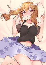 Rule 34 | 1girl, bang dream!, bbbannooo, blush, breasts, brown eyes, brown hair, cleavage, clenched teeth, commentary request, from above, hair ornament, highres, ichigaya arisa, long hair, looking at viewer, lying, medium breasts, midriff, navel, pillow, pillow grab, see-through, solo, teeth, twintails, x hair ornament