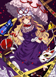Rule 34 | 1girl, blonde hair, bow, breasts, cat tail, caution tape, dress, dress grab, eyebrows, flower, fox mask, frilled dress, frills, gap (touhou), hat, hat ribbon, highres, holding, holding umbrella, juliet sleeves, keep out, lips, long hair, long sleeves, looking at viewer, mask, mob cap, multiple tails, nekomata, nose, petals, puffy sleeves, purple background, purple dress, red eyes, ribbon, rose, sign, simple background, slit pupils, smile, solo, tail, touhou, turtleneck, two tails, umbrella, very long hair, yakumo yukari, yayoi (su misheng), yellow eyes
