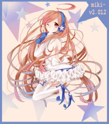 Rule 34 | 1girl, ahoge, bad id, bad pixiv id, dress, fingerless gloves, frills, gloves, headphones, high heels, long hair, looking at viewer, moegi0926, one eye closed, red eyes, red hair, sf-a2 miki, sf-a2 miki (2012 ver), shoes, smile, solo, thighhighs, vocaloid, wink