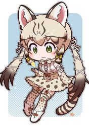 Rule 34 | 1girl, animal ears, blue background, bow, bowtie, cat ears, cat girl, cat tail, extra ears, geoffroy&#039;s cat (kemono friends), green eyes, grey hair, highres, kemono friends, kemono friends v project, kneehighs, long hair, mugise hitsuji, ribbon, shirt, shoes, simple background, skirt, socks, solo, suspenders, tail, twintails, virtual youtuber